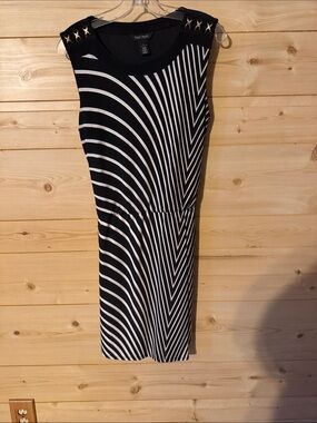 White & Black Striped Sheath Dress with Studded Shoulders